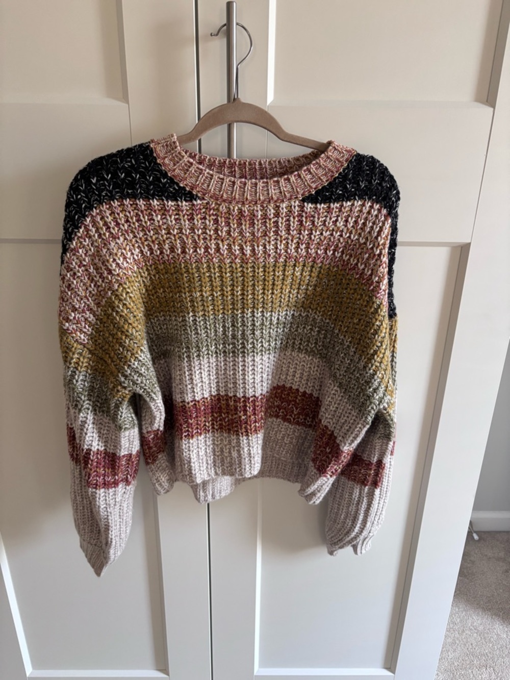 So Me Multicolor Striped Crewneck Sweater in Pink, Mustard & Black
